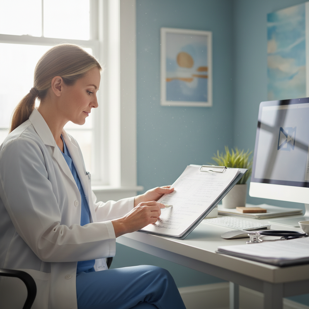 Medical professional in white coat reviewing patient health records with stethoscope on desk