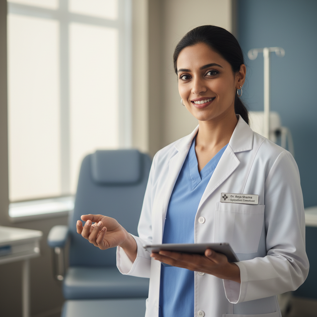 Smiling female medical professional in white coat holding tablet showing patient test results in modern clinic