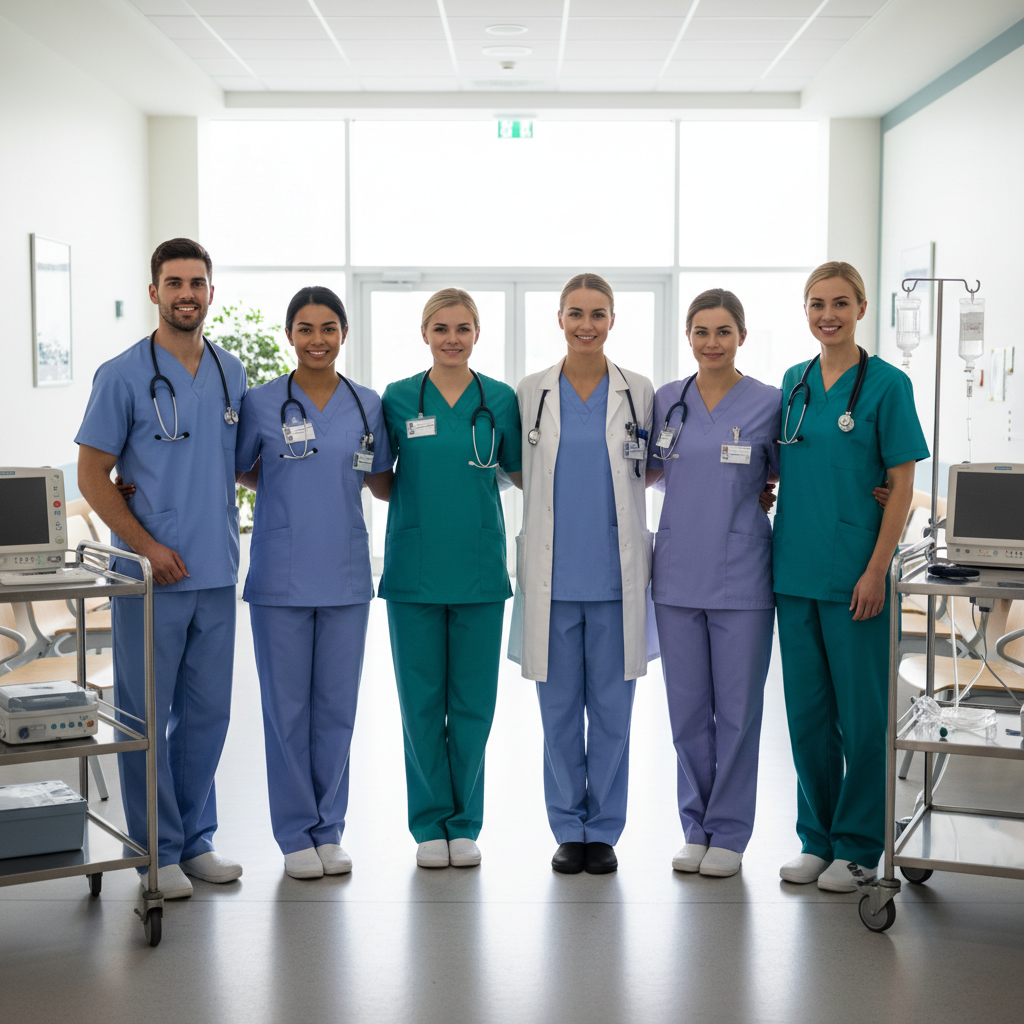 Diverse group of smiling healthcare professionals in medical scrubs standing together in modern hospital corridor