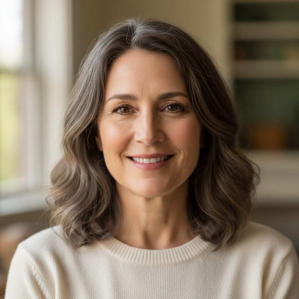 Smiling middle-aged woman with short brown hair wearing pink sweater standing outdoors in garden